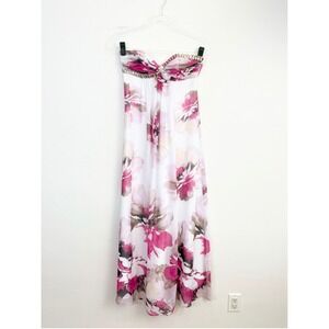 Cache Y2K Strapless Floral Maxi Dress Pink White Beaded Bust Size 2